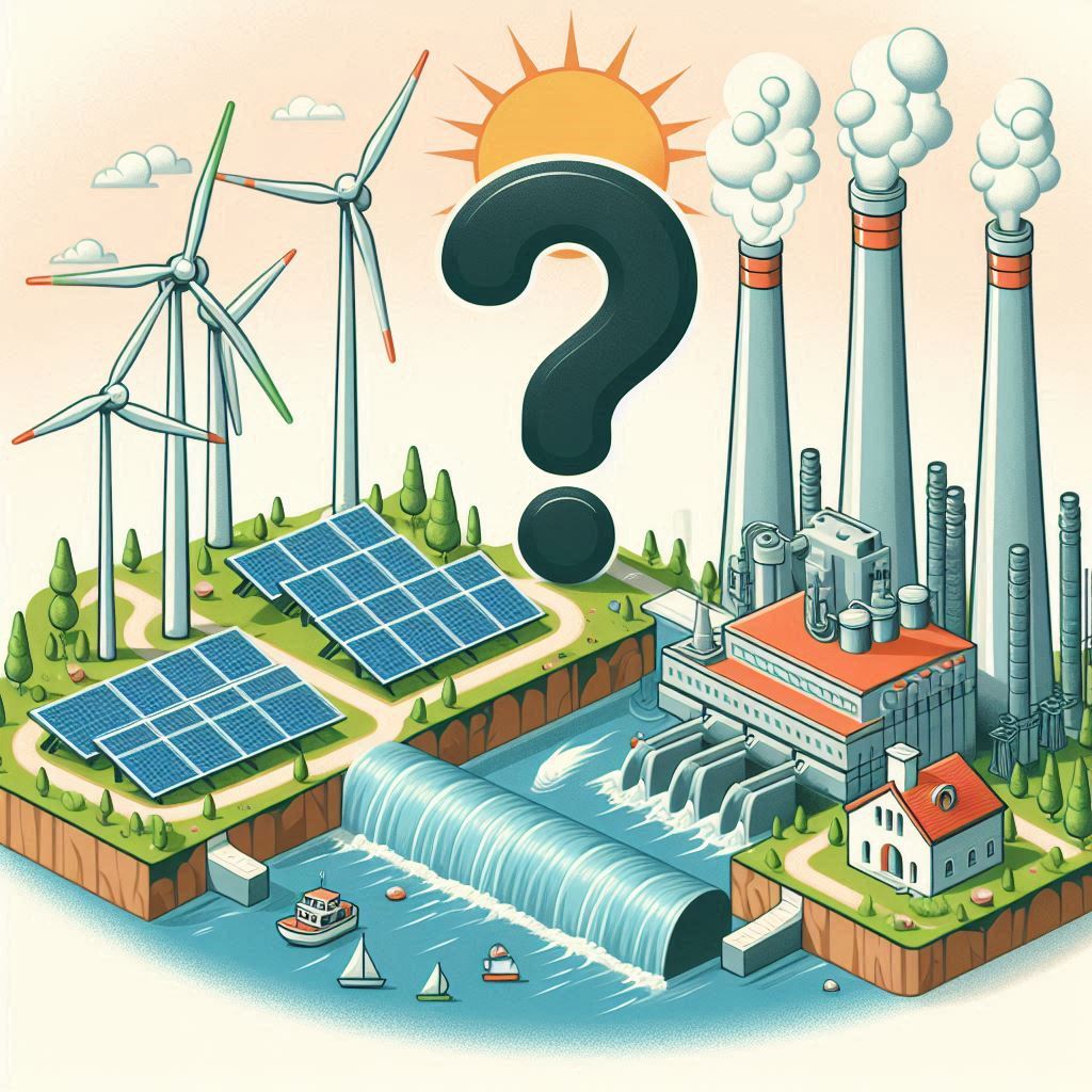 turbiny wiatrowe, panele pv, elektrownia wodna i na ich tle duzy znak zapytania (1)
